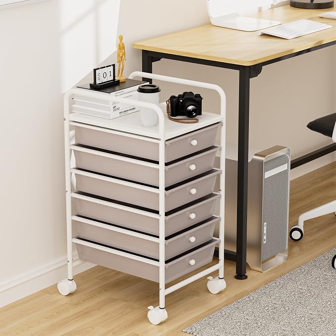 6-Tier Utility Cart with 6 Drawers, Rolling Utility Cart with 2 Lockable Caster Wheels, Multipurpose Mobile Rolling Drawer Cart for Office Bathroom Kitchen, Gray