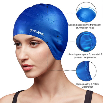 Swimming Cap, Silicone Swim Cap for Women Men, Durable Non-Slip Waterproof Swim Cap Protect Ears, Long Hair for Adults, Older Kids