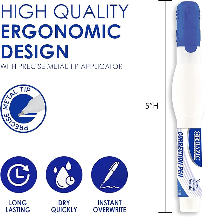 BAZIC Products Correction Pen, Metal Tip, Quick-Dry White, 7mL, 2 Pack