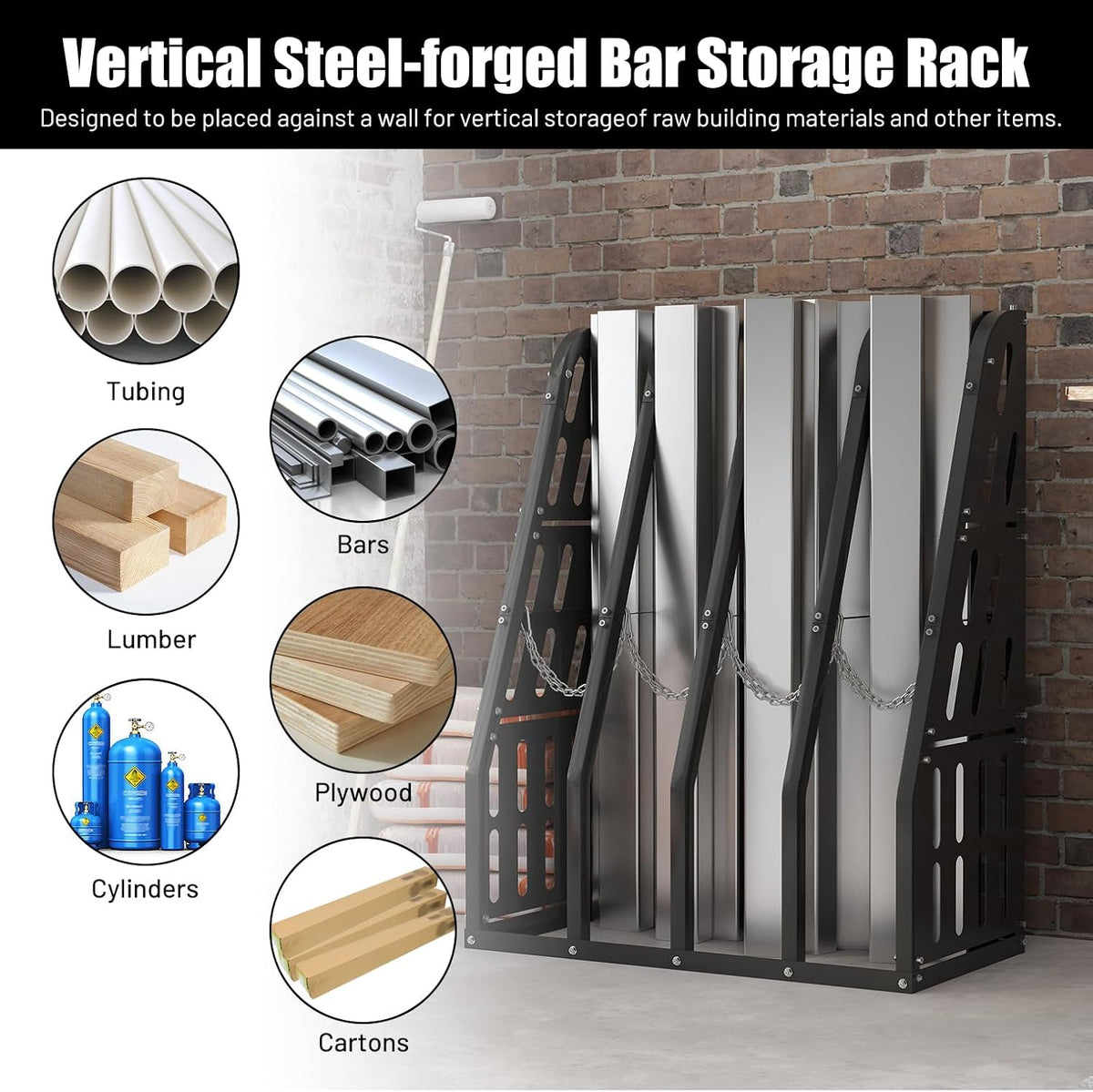 1500LBS Vertical Bar Rack Standing Storage Rack, 47" W x 24" D x 60" H Steel Vertical Long Parts Storage Rack with Galvanized Chains & 2 Side Pegboards, 4 Bays Lumber Storage Rack for Garage Storage