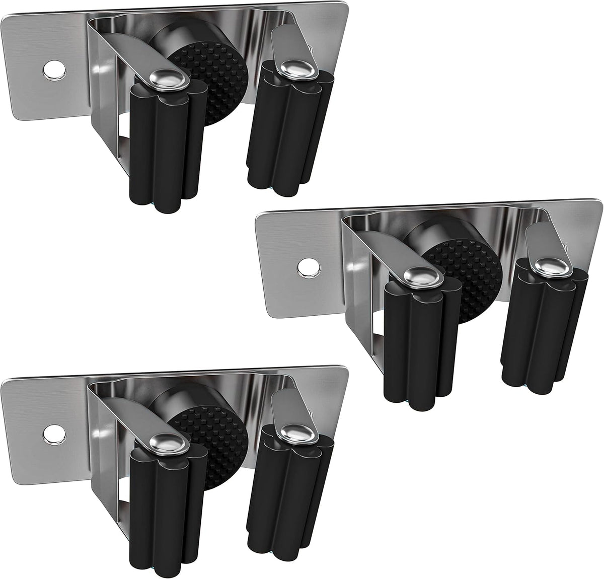 Self Adhesive Broom and Mop Holder Wall Mounted – SUS304 Stainless Steel 2-Slot Organizer with Anti-Slip Rubber Grips, 25lb Load, Adjustable for 0.6–1.4" Handles, Garage Kitchen Bathroom Use, 3 Pcs