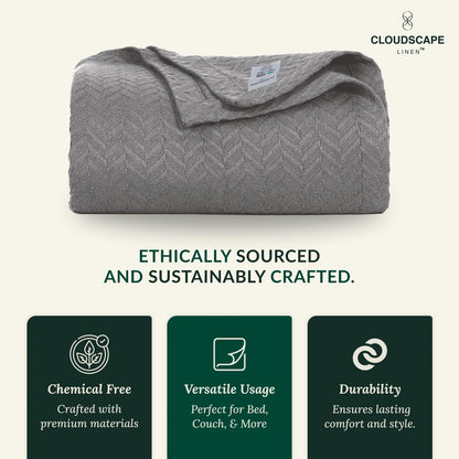 Cloud Scape Linen 100% Cotton Blanket King Size for Bed – Lightweight Summer Blanket, Herringbone Weave,fits California King Size Bed, 92x108,Dark Grey