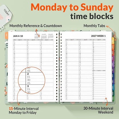 SUNEE 2027 Appointment Book, Quarter-Hourly, Weekly Monthly Planner, 6" x 8.3",Green Wildflower