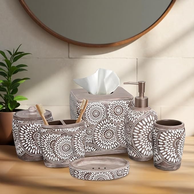 6-Piece Bathroom Accessories Set – Soap Dispenser, Toothbrush Holder, Tumbler, Soap Dish, Cotton Swab Jar & Toilet Brush – Modern Bathroom Decor Set (Ciccone)
