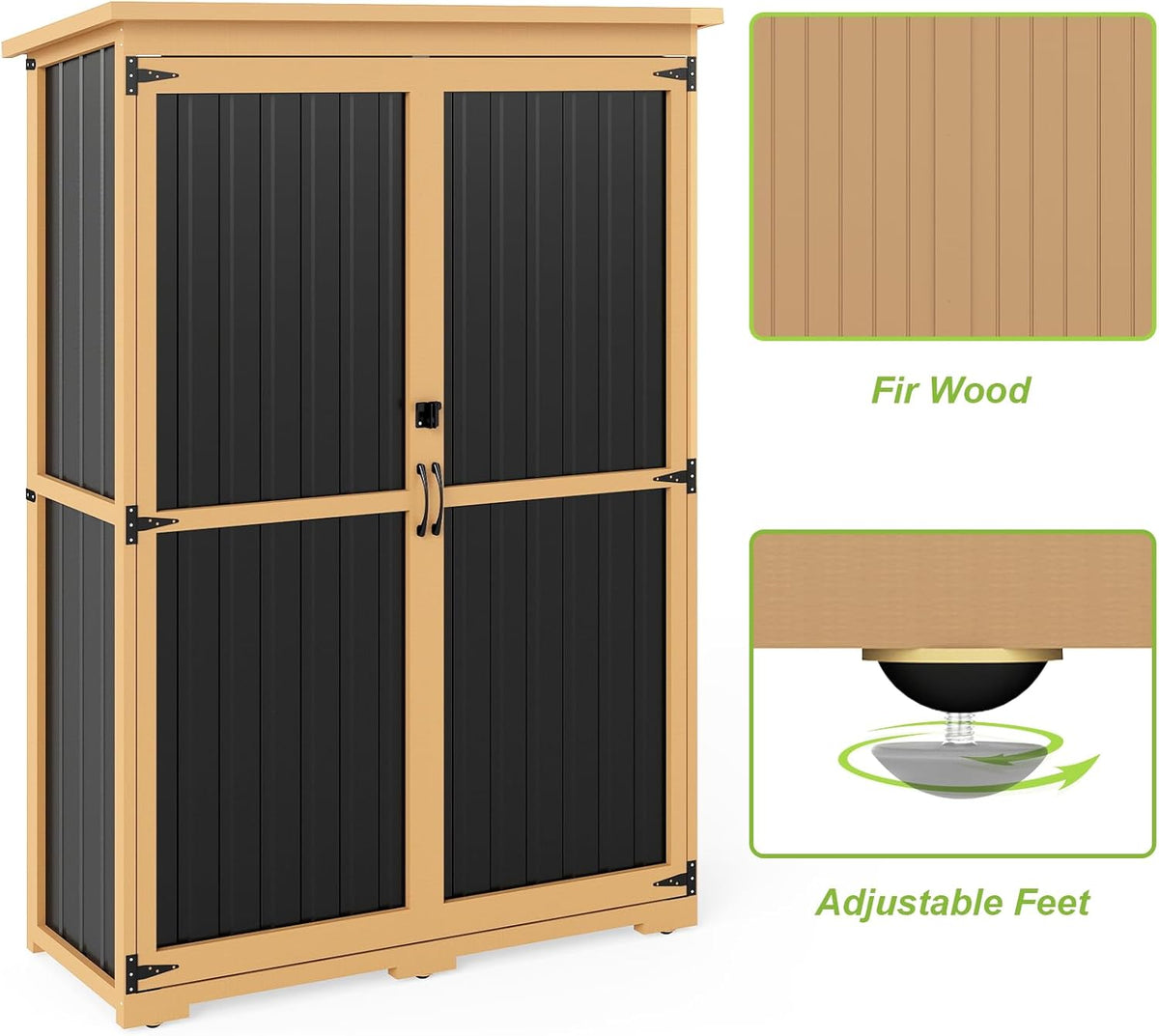 Outdoor Storage Shed with Adjustable Shelf, Wood & Metal Storage Cabinet Waterproof with Lockable Doors & Sloping Roof,Vertical Garden Shed for Patio Backyard, Tool Shed and Accessories, Brown