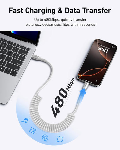 Coiled USB C to C Cable 3ft+6ft, Coiled USB C Cable for Car, Braided Type C Charger 66W Fast Charging Cord Compatible with iPhone 16 15, iPad, Samsung Galaxy, Google Pixel, Moto, LG, TCL Phones-Silver