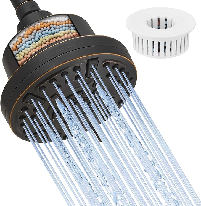 High Pressure Shower Filter Head Oil Rubbed Bronze Fixed Shower Head 7 Settings, 5 Inch Bathroom Rain Shower Head with Enhanced Filter for Hard Water, Reduces Chlorine and Harmful Substances