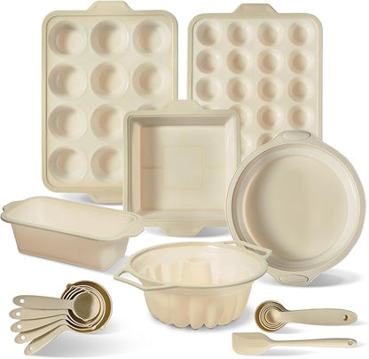 COOK WITH COLOR 17 Pc. Silicone Baking Pan Set - Non-Stick & Easy Clean Silicone Muffin Pans for Baking with Sturdy Metal Frame for Stability, Flexible Cake Molds, Includes Measuring Cups and Spoons