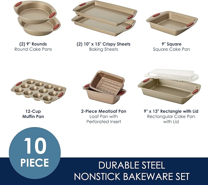 Rachael Ray Cucina Nonstick Bakeware Set Baking Cookie Sheets Cake Muffin Bread Pan, 10 Piece, Latte Brown with Cranberry Red Grips