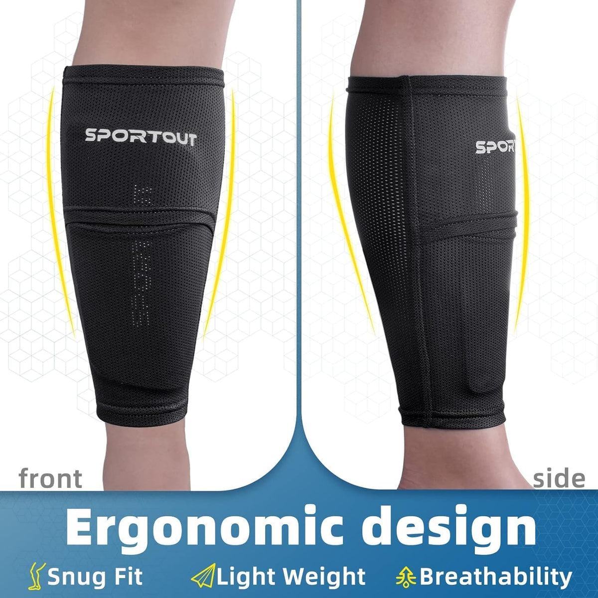 Sportout Soccer Shin Guards - Shin Guards Soccer Kids Youth Adult Protective Shin Pads with Sleeves and Insert Pocket for Boys Girls for Age 4-6, 6-8, 8-10,10-12,12-14,14-Adult