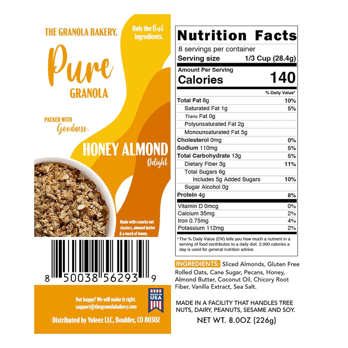 TGB Honey Almond Granola, Crunchy Almond Butter Clusters, Low Sugar, Gluten Free, Non-GMO, Natural Breakfast Cereal, Healthy Snack, 8 ounces
