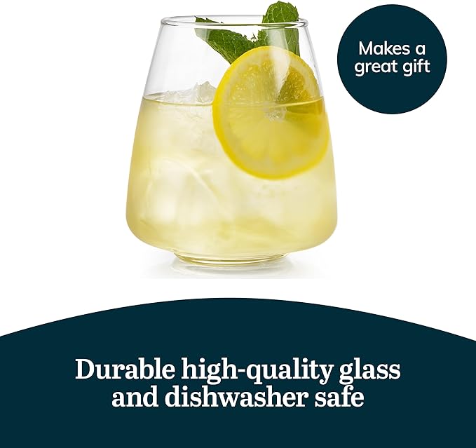 Libbey Stackable Stemless Wine Glasses Set of 6, Tapered Bulb Shaped All Purpose Wine Glass Set, Dishwasher Safe Glass Wine Glasses, Cocktail