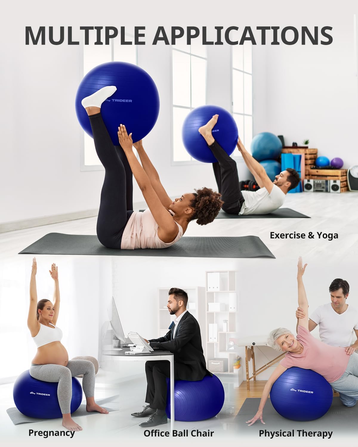 Trideer Extra Thick Yoga Ball Exercise Ball, 5 Sizes Gym Ball, Heavy Duty Ball Chair for Balance, Stability, Pregnancy, Quick Pump Included