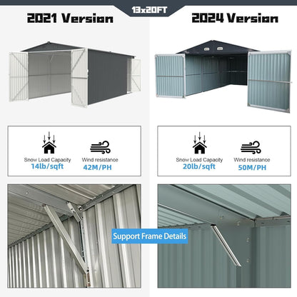 LANTRO JS Sheds & Outdoor Storage, 13x20ft Large Outdoor Metal Garage Shed, Heavy Duty Metal Shed with 2 Doors and 4 Vents Without Floor