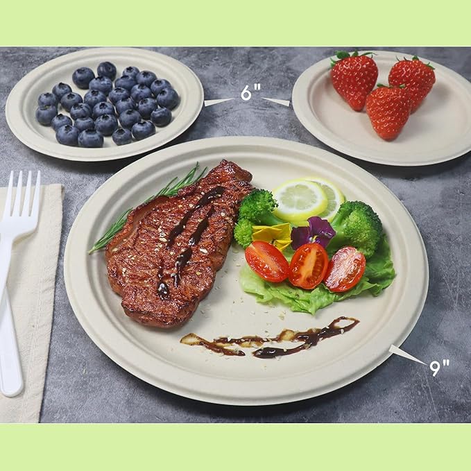 GreenWorks 100 Count 6“ Small Compostable Dessert Plates, Heavy-duty Unbleached Biodegradable Bagasse and Bamboo fiber Paper Plates