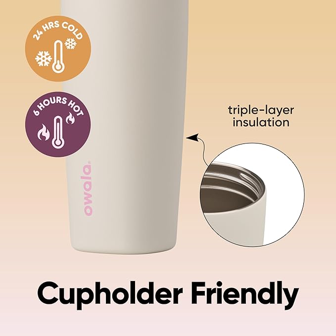 Owala SmoothSip Slider Insulated Stainless Steel Coffee Tumbler, Reusable Iced Coffee Cup, Hot Coffee Travel Mug, BPA Free 20 oz, Pink/Tan (Daybreak)