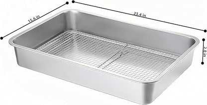 Stainless Steel Sturdy Roasting Pan with Cooling Rack – Oven, Toaster & Grill Safe, Deep Edge, Smooth Finish, Dishwasher Safe – Perfect for Turkey, Chicken, BBQ (23.4x15.6x2.8in)