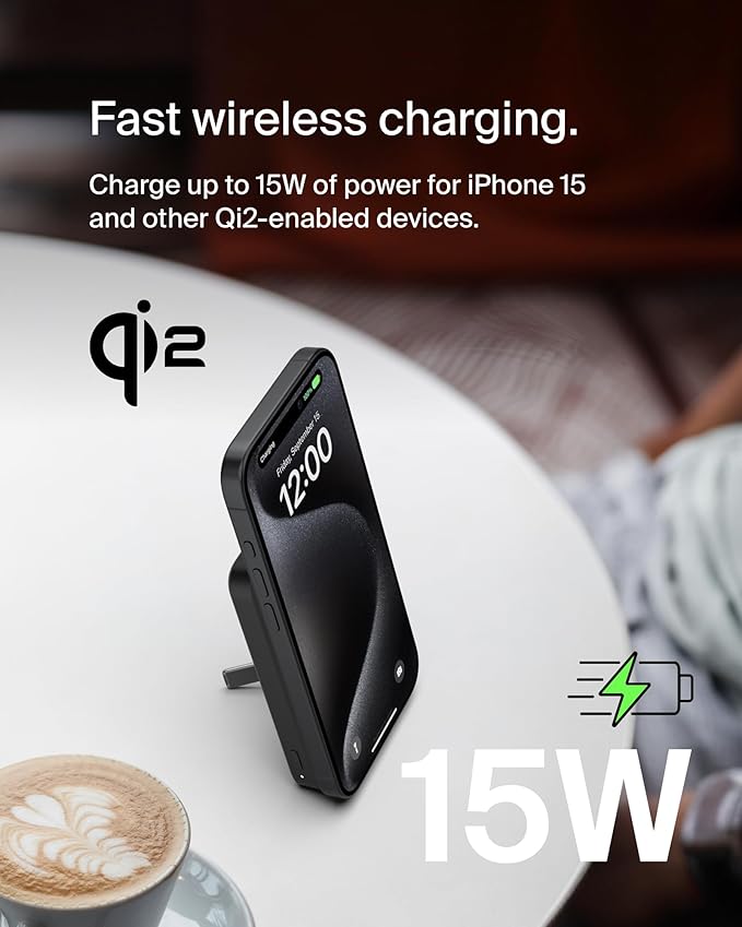 Belkin Portable Charger, Wireless Power Bank 15W 5000mAh w/ Qi2, MagSafe Charger + Built-in Pop-up Kickstand - iPhone 17, Air, Pro, Pro Max, AirPods, Apple Watch, Google Pixel 10, etc. - Black