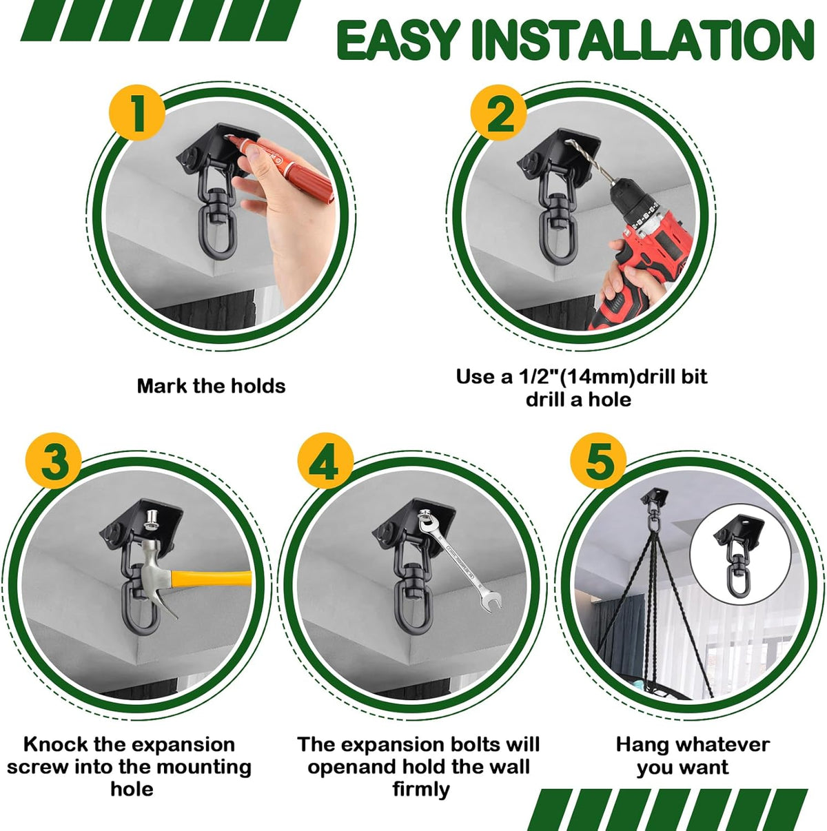 Hammock Hanging Kit, Porch Swing Hanging Kit 1200 Lb Capacity, Hammock Ceiling Hooks Heavy Duty 360°Rotating Hanging Swing Chair Hardware for Hammock Chair Stand, Porch, Yoga, Gym