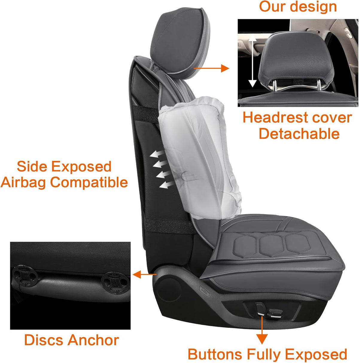 Pariitadin Leather Car Seat Covers Front Pair, Waterproof Breathable Faux Leather Automotive Seat Covers for Cars, Non-Slip Car Interior Covers Universal Fit Most Cars Sedans Trucks SUVs, Gray