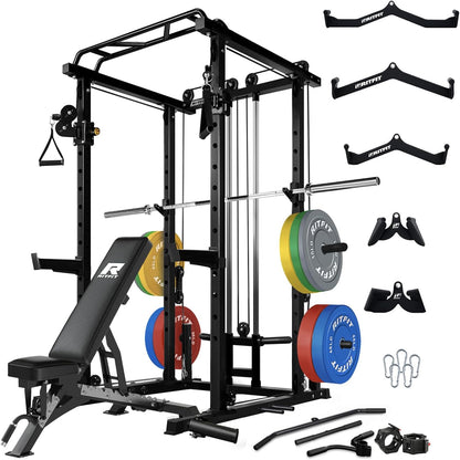 RitFit Multi-Function Squat Rack Power Cage PPC03 with Cable Crossover System, 1000LBS Capacity Power Rack and Packages with Optional Weight Bench, Barbell Weight Set, for Garage Workout & Home Gym