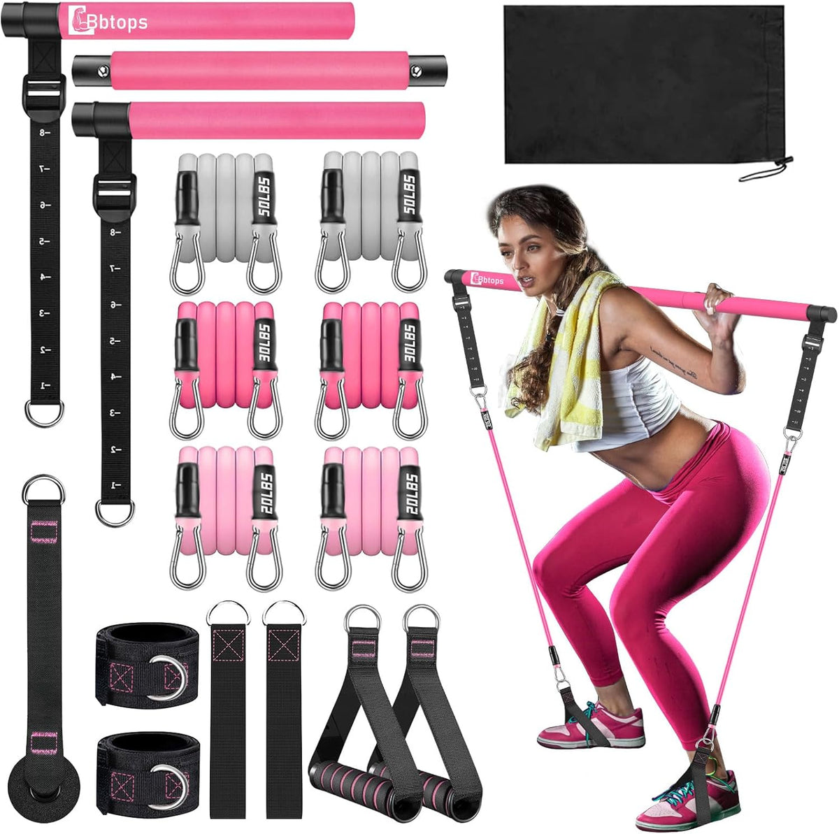 Pilates Bar Kit with Resistance Bands,Pilates Bar with Stackable Bands Workout Equipment for Legs,Hip,Waist and Arm,Exercise Fitness Equipment for Women & Men Home Gym Yoga Pilates