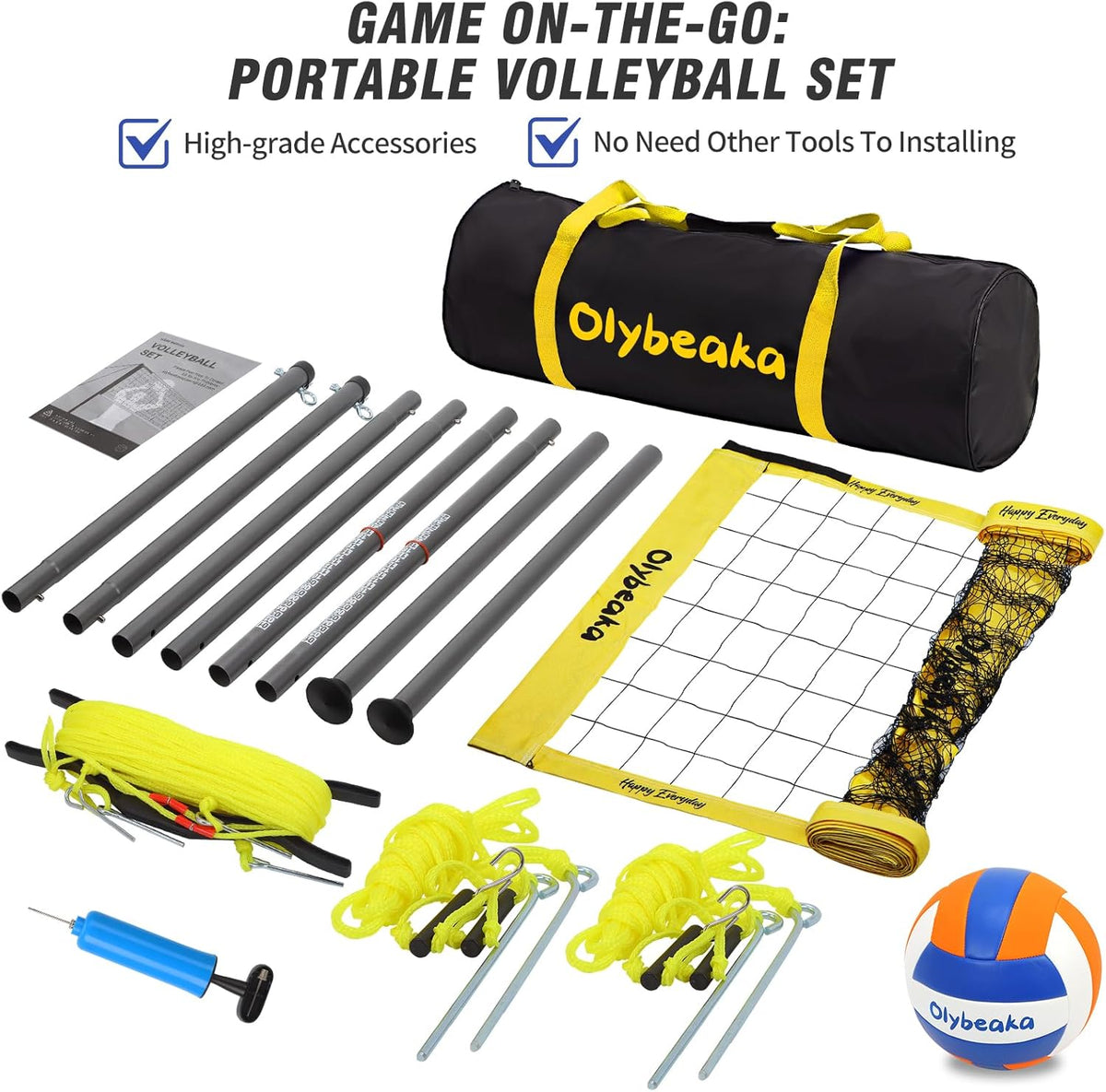 Portable Outdoor Volleyball Net Set System for Backyard Beach with Heavy Duty Poles, Durable Net, PU Volleyball & Pump, Carry Bag