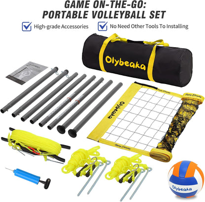 Portable Outdoor Volleyball Net Set System for Backyard Beach with Heavy Duty Poles, Durable Net, PU Volleyball & Pump, Carry Bag