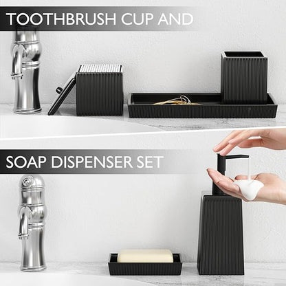 Bathroom Set - Black Bathroom Accessories Set, 5PCS Ceramic Bathroom Accessory Set, Bathroom Sets with Soap Dispenser, Toothbrush Tumbler, Soap Dish, Q-tip Holder & Vanity Tray