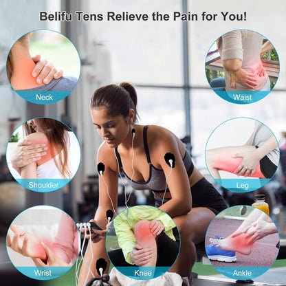Belifu 4 Independent Channel TENS EMS Unit, 24 Modes,30 Level Intensity Muscle Stimulator Machine, Rechargeable Electric Pulse Massager with 10 Pads&5 Set Leads Wires, for Pain Relief Therapy(Black)
