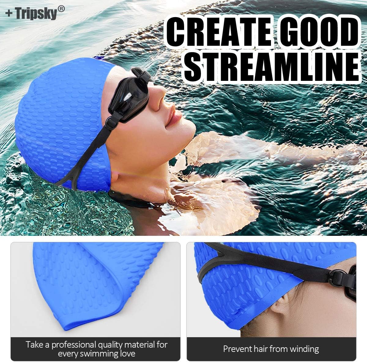 Tripsky Silicone Swim Cap,Comfortable Bathing Cap Ideal for Curly Short Medium Long Hair, Swimming Cap for Women and Men, Shower Caps Keep Hairstyle Unchanged…