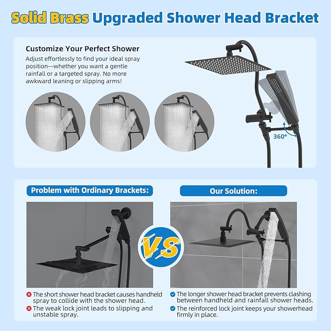 Hibbent All Metal Shower Head, 12'' High Pressure Rainfall Shower Head, Showerhead Combo, Handheld Shower Wand, 12'' Adjustable Curved Shower Extension Arm, 71'' Hose, Shower Head Holder, Matte Black