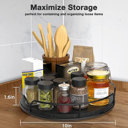 Lazy Susan Turntable Organizer with Anti-Slip Mat for Cabinet Pantry Kitchen Countertop Refrigerator Office, Pine Wood, 13", Black