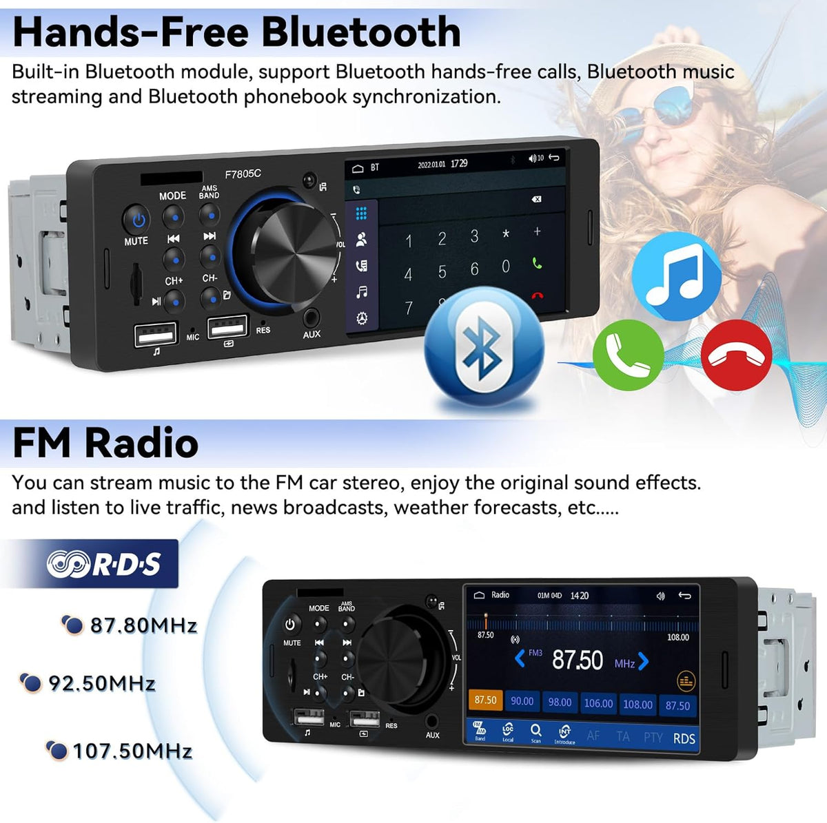 Single Din Touch Screen Car Radio with CarPlay Android Auto 4 Inch Bluetooth Car Stereo Receiver Hands-Free Calling Audio FM 2 USB AUX SD Card Input, Mirror Link MP5 Player SWC + Backup Camera