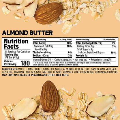 Bobo's Oatmeal Bars, Almond Butter, Gluten Free Vegan Whole Grain Oat Bars, Pack of 12