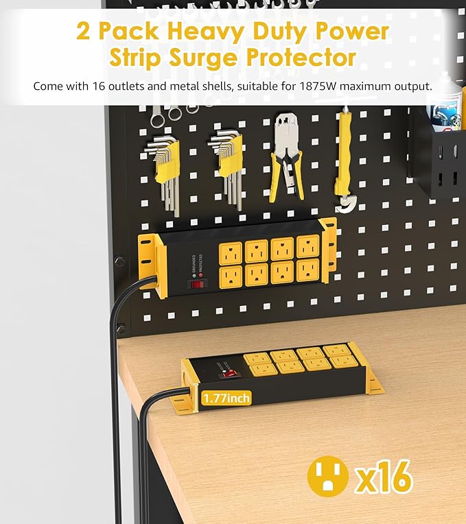 HHSOET 2 Pack Heavy Duty Power Strip 8 Outlets, Metal Wall Mount Outlet Strip 4800J Surge Protector, Garage Shop Under Desk Mountable 5FT Extension Cord Plug.