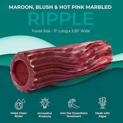 Oceanfoam Ripple Travel Foam Roller (11" x 3.35") Firm Mini Foam Roller for Physical Therapy, Deep Tissue Massage, Back Pain - High Density, Wave Textured - Yoga (Maroon, Blush & Hot Pink Marbled)