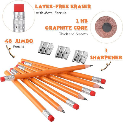 Fainne 48 Pcs Large Pencils 3 Sharpeners,Orange+silver,Round