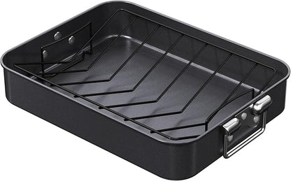 CHEFMADE Roasting Pan, 16-Inch Non-Stick Turkey Roaster Lasagna Pan with Rack - Rectangular Deep Dish Chicken Roaster Pan 16.3" x 12.52" x 3.11"(Black)