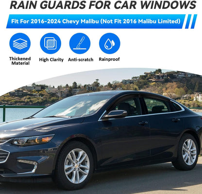 4pcs Front+Rear Smoke Tint Sun/Rain Guard Outside Mount Tape-On Vent Window Visors Compatible with 2016-2024 Chevy Malibu