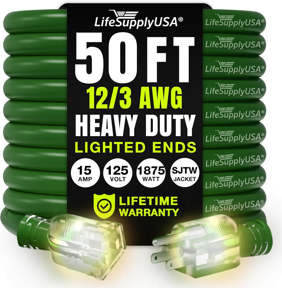 50ft Outdoor/Indoor Extension Cord 12/3 Gauge Extra Heavy Duty 3 Prong SJTW, Waterproof, Flexible Cold-Resistant Long Power Cord,15A 125V 1875W, Green by LifeSupplyUSA