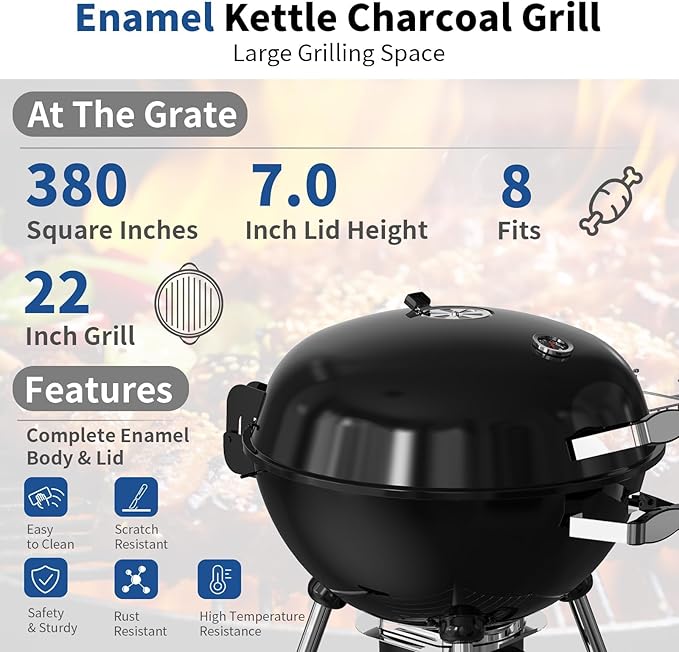 22.5-Inch Portable Charcoal Grill, Heavy Duty Kettle BBQ Smoker with Built-in Thermometer & Removable Water-Rinsable Ash Catcher for Outdoor Camping, Patio, Backyard, and Tailgating