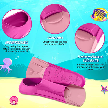 Gintenco Swim Fins, Kids Swim Training Fins for Lap Swimming, Travel Size Flippers with Mesh Bag, Silicone Swimming Fins for Kids Teens Adults Women Men