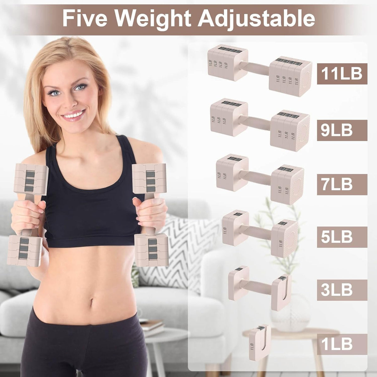 22LBS Adjustable Dumbbells Set, Hand Weights Sets with 5 Levels 3lb, 5lb, 7lb, 9lb, 11lb, Adjustable Weight Dumbbells for Women/Men Home Gym Full Body Workout