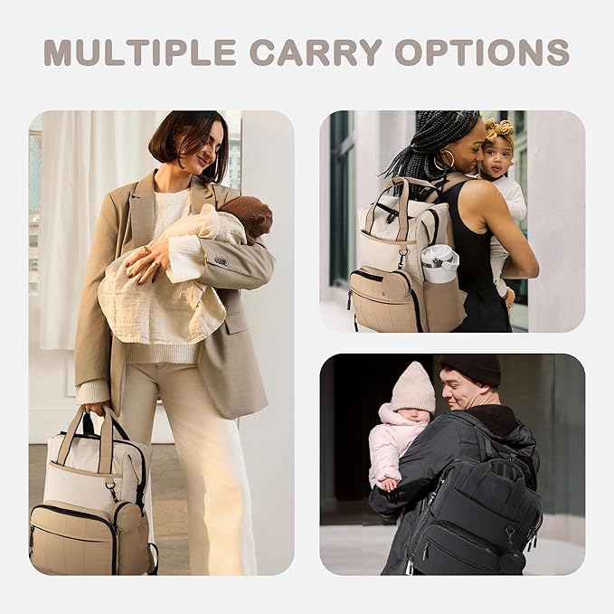 VONAL Diaper Bag Backpack, Lightweight Baby Diaper Bags, Travel Large Diaper Bag with Changing Station, Khiki Diaper Backpack for Boys Girls Newborn with Insulated Pockets, Stroller Straps