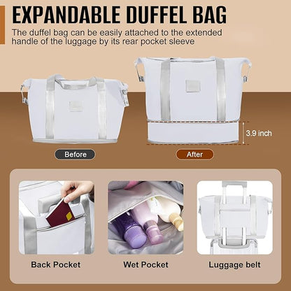 Romswi Suitcase Set with TSA Lock Cup Holder, Hardside Spinner Suitcase with Duffel Bag, Lightweight Durable PC+ABS White 5 PCS(20/24/28inch)