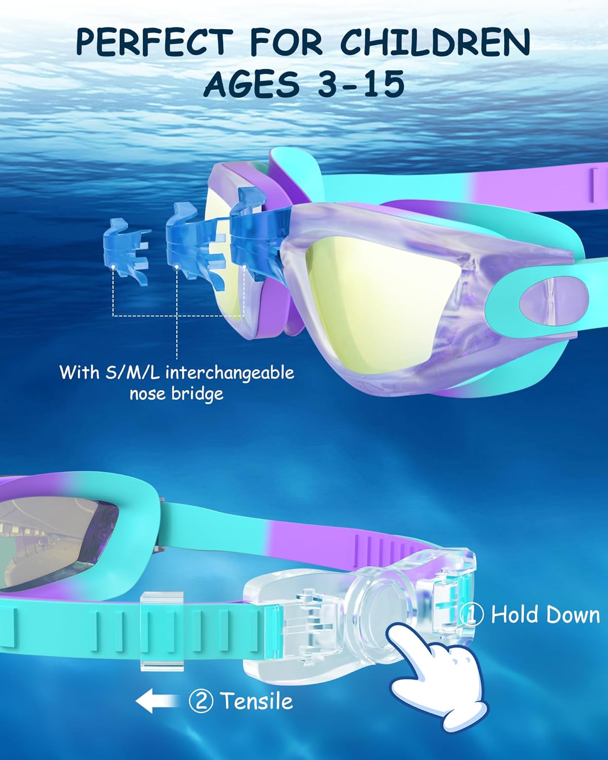 Kids Swim Goggles, Swimming Goggles for Kids Toddlers 3-14 with Swim Cap, Nose Clip, Nose Bridge, Ear Plugs