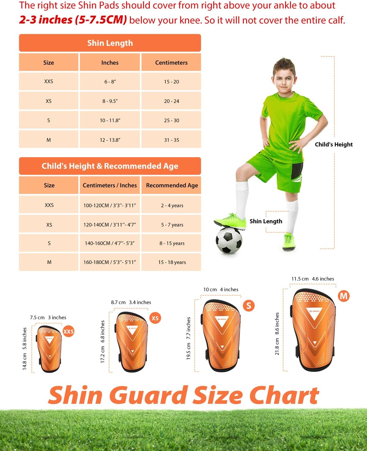 Shin Guards Soccer Kids Youth, CE Certified Airsfish Shin Guard Protection Gear for 2-18 Years Old Boys Girls Teenagers High Impact Resistant Breathable Comfortable 1 Pair 4 Sizes