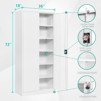 Wide & Deep Metal Storage Storage Cabinet with 5 Adjustable Shelves,White Metal Cabinet with Lock,Steel Pantry Cabinets,72" Lockable Cabinets for Home,Office,Garage,Kitchen,Shop