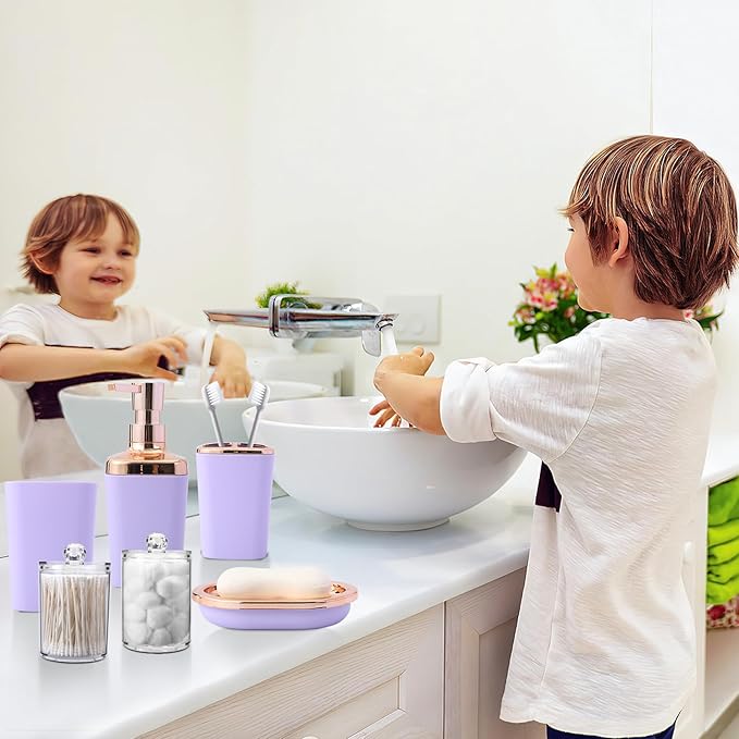 Purple Bathroom Accessories, 24 Pieces Light Purple Bathroom Accessories Set with Shower Curtain, Bath Towels, Trash Can, Soap Dispenser and Soap Dish for Bathroom/Housewarming